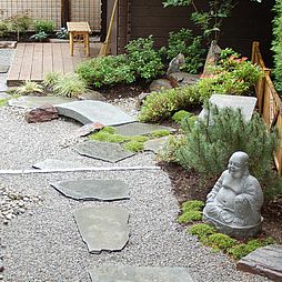 Der Plattenweg führt an einen Buddha vorbei