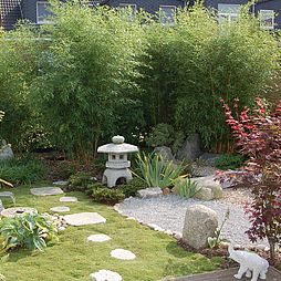 Links das Tsukubai-Arrangement mit Wasserbecken